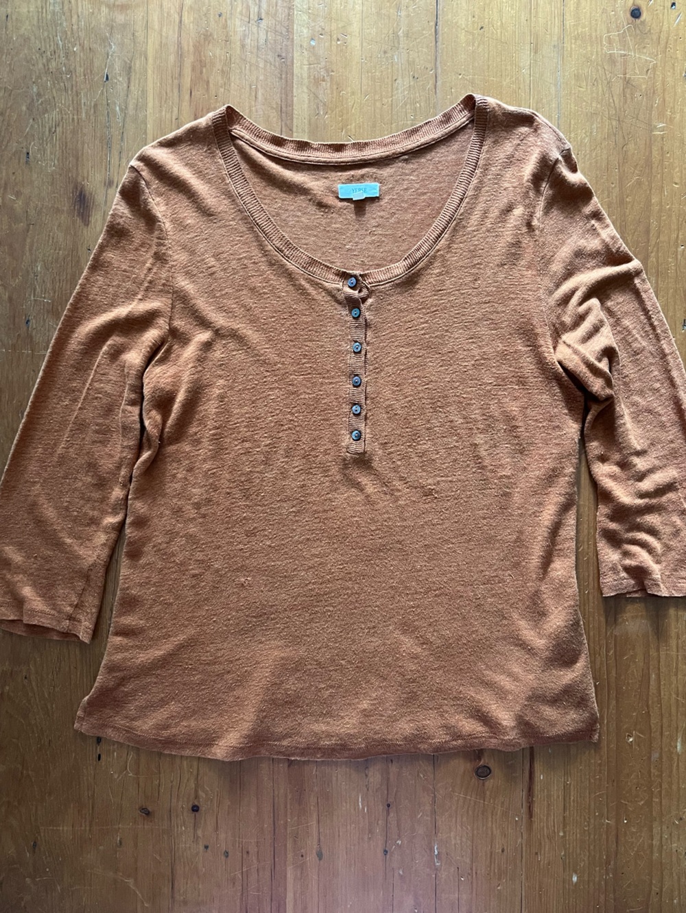 Yerse Cert B Corp 100% Linen Fine Slub Knit Henley Neck Spice-Orange Sweater